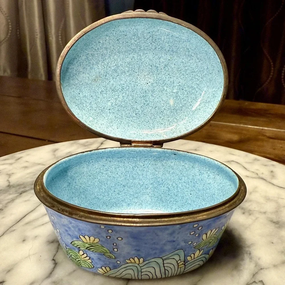 Hand Painted Enamel Metal Brass Fish Aquatic Trinket Box Hinged Lid Ocean Sea